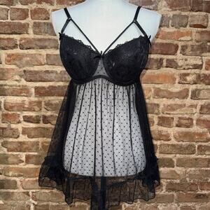 Lingerie Babydoll Padded Bra Camisole Sz L Black Lace Swiss Dot Body Core EUC